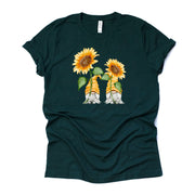 Sunflower Gnomes Tee, Two Cute Gnomes with Tall Sunflowers, Design on premium Bella + Canvas unisex shirt, 3 color choices, plus sizes