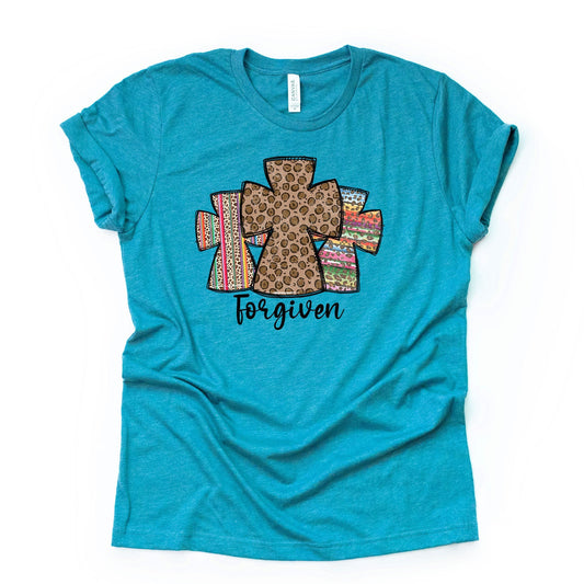 Christian Tee, Forgiven, Three Crosses with Leopard Print and Serape FORGIVEN design on premium unisex shirt, 2 color choices, plus size