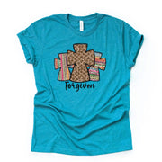 Christian Tee, Forgiven, Three Crosses with Leopard Print and Serape FORGIVEN design on premium unisex shirt, 2 color choices, plus size