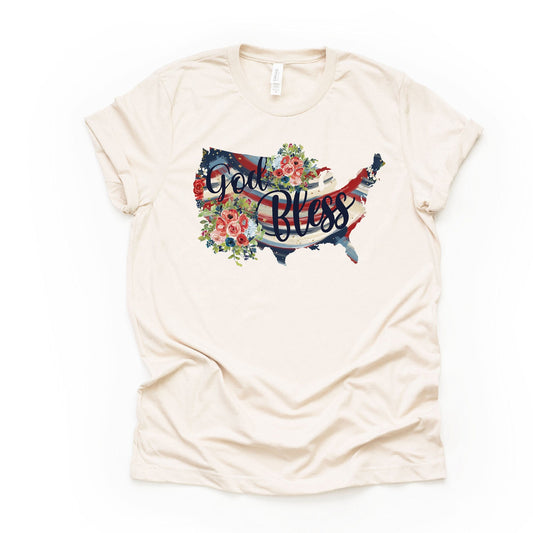 Patriotic Tee, Beautiful God Bless America Floral, USA in Stripes Design on premium unisex shirt, 3 color choices, plus sizes available