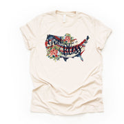 Patriotic Tee, Beautiful God Bless America Floral, USA in Stripes Design on premium unisex shirt, 3 color choices, plus sizes available