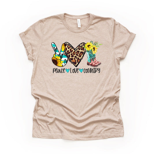 Country Girl Tee, Peace Love Country, Cowboy boot & sunflowers Design on premium unisex shirt, 3 color choices, plus sizes available
