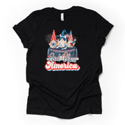 God Bless America, Patriotic Gnomes on Old Truck Design on premium Bella + Canvas unisex shirt, 3 color choices, plus sizes available