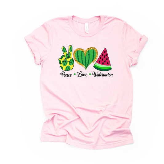 Summer Shirt, Super Cute PEACE LOVE WATERMELON Design on premium unisex shirt, 3 color choices, 2X, 3X, 4X, plus sizes available