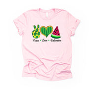 Summer Shirt, Super Cute PEACE LOVE WATERMELON Design on premium unisex shirt, 3 color choices, 2X, 3X, 4X, plus sizes available