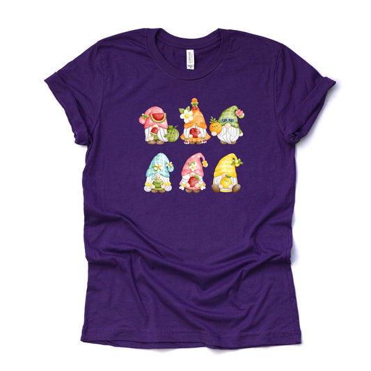 Gnomes Tee, Super Fun Fruit Gnomes in a Row Design, premium Bella + Canvas unisex shirt, 3 color choices, 2X, 3X, 4X, plus sizes available