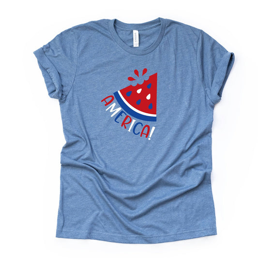 Patriotic Tee, Red, White and Blue Watermelon America Design on premium unisex shirt, 2 color choices, plus sizes available