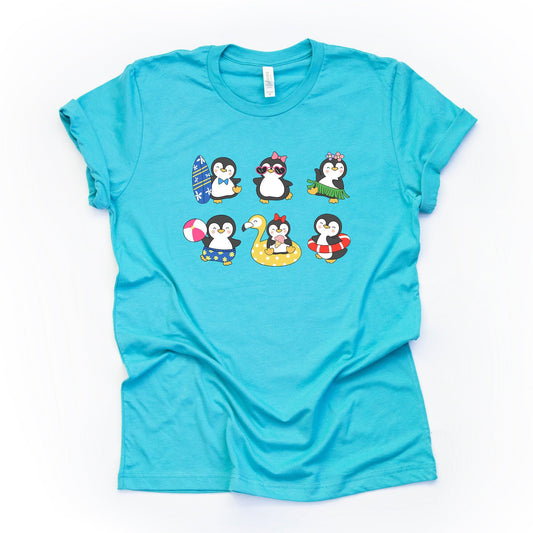 Summer Penguins, Penguins Ready for Beach, Pool and Summer Design, premium unisex shirt, 3 color choices, 2X, 3X, 4X, plus sizes available