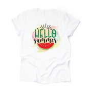 Watercolor Background Hello Summer, Summer Watermelon Slice Design on premium unisex shirt, 3 color choices, 3x, 4x, plus sizes available