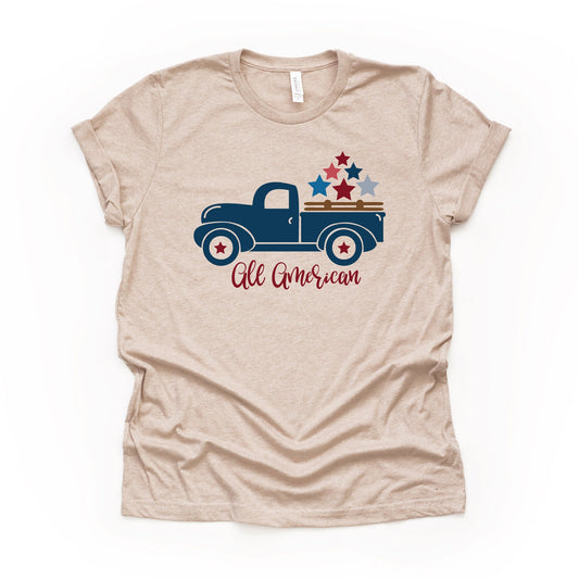 Patriotic Tee, All American Blue Vintage Truck, July 4th Truck Design on premium unisex shirt, 3 color choices, plus sizes available