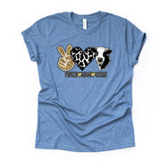 Cow Tee, Peace, Love, Cows, PEACE LOVE Cows, Black and White Cow, premium unisex shirt, 2 color choices, 2X, 3X, 4X, plus sizes available