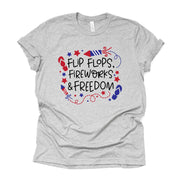 Patriotic Tee, Flip Flops, Fireworks and Freedom Design on premium Bella + Canvas unisex shirt, 3 color choices, plus sizes available