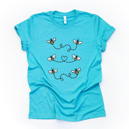 Bumble Bee Tee, Cute Bees Flying Around, Bumble Bees Flying Design on premium unisex shirt, 3 color choices, plus sizes, 3X, 4X