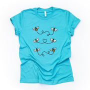 Bumble Bee Tee, Cute Bees Flying Around, Bumble Bees Flying Design on premium unisex shirt, 3 color choices, plus sizes, 3X, 4X
