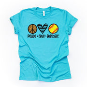 Softball Tee, PEACE LOVE SOFTBALL, Love Softball, Softball Mom Design on premium Bella + Canvas unisex shirt, 3 color choices, plus sizes