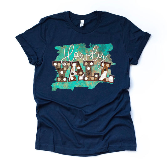 Country Girl Tee, Howdy Y'all in Marquee Lights on Rust Design on premium unisex shirt, 3 color choices, plus sizes available