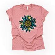 Cute Blue & Pink Floral Pattern Sunflower with Bleach Effect Design on premium unisex shirt, 3 color choices, plus sizes available