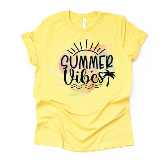 Watercolor Background Summer Vibes, Summer Palm Tree Design on premium unisex shirt, 3 color choices, 3x, 4x, plus sizes available