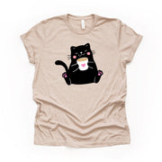 Cat Shirt, Cute Black Cat Drinking Coffee Design on premium Bella + Canvas unisex shirt, 3 color choices, plus sizes available