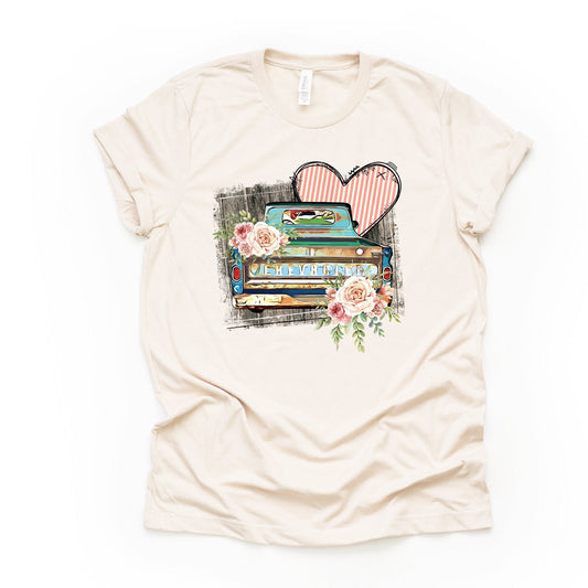 Cute Old Rusty Truck with Striped Heart and Flowers Design on premium unisex shirt, 3 color choices, 2X, 3X, 4X, plus sizes available