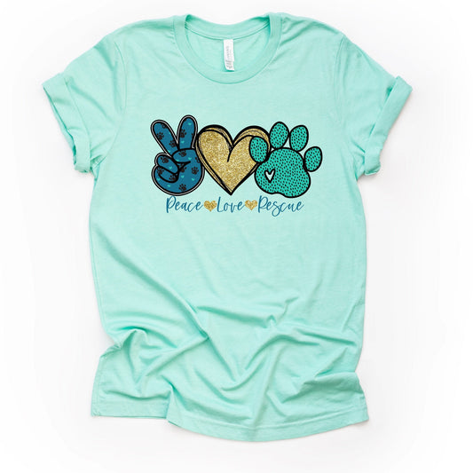 Rescue Animal Shirt, PEACE LOVE RESCUE, Rescue Animals design on premium unisex shirt, 2 color choices, 2X, 3X, 4X, plus sizes available