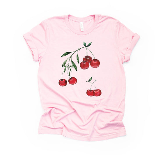 Summer Shirt, Super Fun Cherry Fruit, Fresh Cherries Design on premium unisex shirt, 4 color choices, 2X, 3X, 4X, plus sizes available