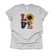 Patriotic Tee, LOVE in Red, White and Blue Stripes and a Sunflower Design on premium unisex shirt, 3 color choices, plus sizes available