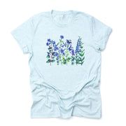 Summer Wildflowers, Pretty Blue and Purple Wildflowers Design on premium unisex shirt, 3 color choices, 2X, 3X, 4X, plus sizes available