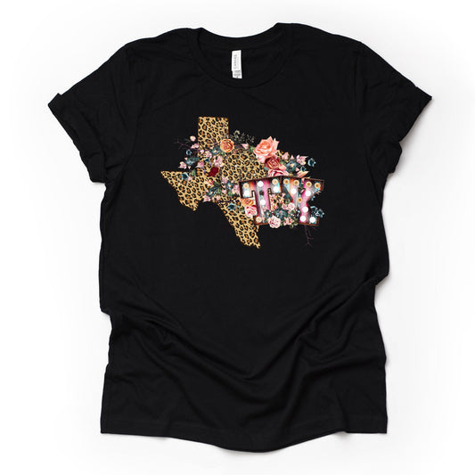 Texas Tee, Super Cute Leopard Print Texas Design on premium Bella + Canvas unisex shirt, 3 color choices, plus sizes available