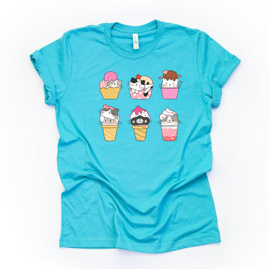 Cats, Ice Cream Cone Cats, Cute Cats and Ice Cream Summer design on premium unisex shirt, 3 color choices, 2X, 3X, 4X, plus sizes available