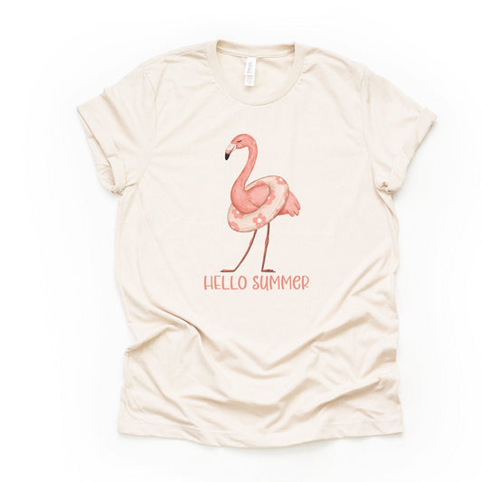 Summer Tee, Cute Flamingo with Pool Float, Hello SUmmer Design, premium unisex shirt, 4 color choices, 2X, 3X, 4X, plus sizes available