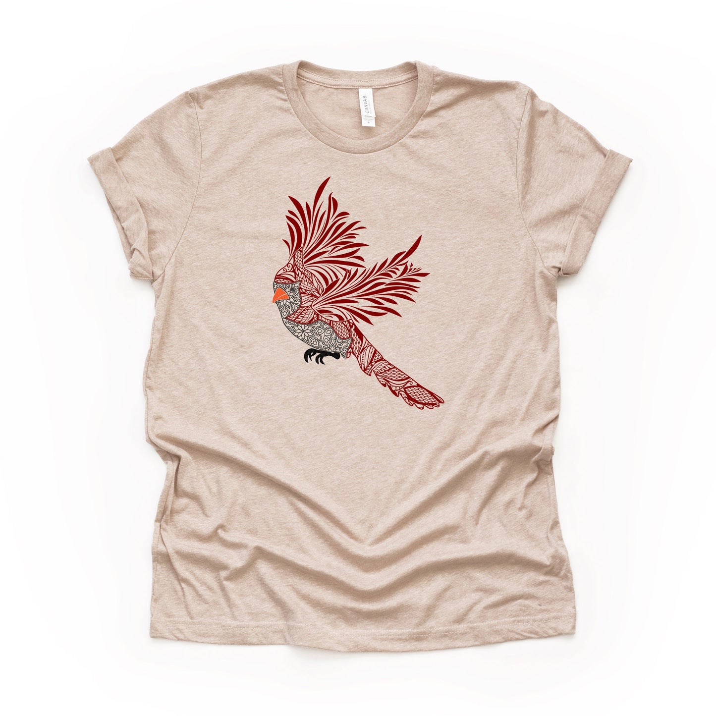 Cardinal Bird Tee, Pretty Cardinal Mandala, Red Bird Design on premium Bella + Canvas unisex shirt, 3 color choices, plus sizes available