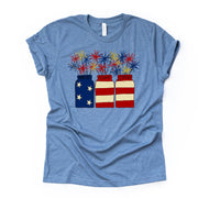 Patriotic Tee, American Flag Mason Jars with Sparklers Design on premium Bella + Canvas unisex shirt, 3 color choices, plus sizes available