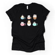 Cat Shirt, Cute Cats in a Row, Cats in Coffee and Tea Cups design on premium unisex shirt, 3 color choices, 2X, 3X, 4X, plus sizes available