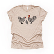 Chicken Family Tee, Fun Chicken, Rooster and Baby Chick Mandala Design on premium unisex shirt, 3 color choices, 3x, 4x, plus sizes