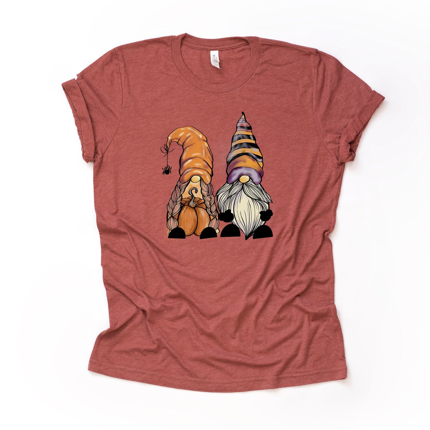 Fall and Halloween, Super Cute Gnomes with Pumpkin and Spiders on premium Bella + Canvas unisex shirt, 3 color choices, plus size