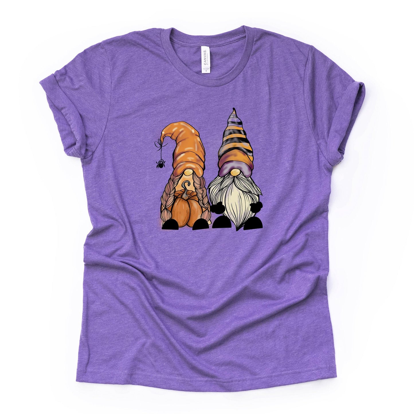 Fall and Halloween, Super Cute Gnomes with Pumpkin and Spiders on premium Bella + Canvas unisex shirt, 3 color choices, plus size