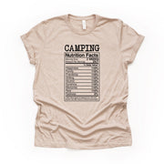 Fun Camping Tee, Funny Camping Nutrition Facts Design on premium unisex shirt, 4 color choices, 3x camping, 4x camping, plus sizes