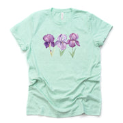 Summer Iris Flowers, Beautiful Purple Iris Flowers Design on premium Bella + Canvas unisex shirt, 3 color choices, plus sizes available