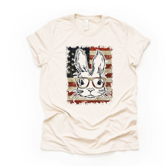 Patriotic Tee, Super Cute Rabbit with Glasses and Vintage American Flag Design on premium unisex shirt, 3 color choices, 3x, 4x, plus sizes