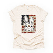 Patriotic Tee, Super Cute Rabbit with Glasses and Vintage American Flag Design on premium unisex shirt, 3 color choices, 3x, 4x, plus sizes