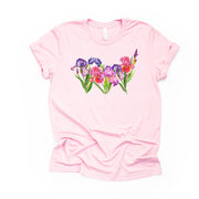 Summer Iris Flowers, Beautiful Purple and Red Iris Flowers Design on premium unisex shirt, 3 color choices, plus sizes available