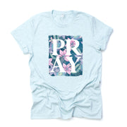 Christian Tee, Super Pretty Floral PRAY design on premium unisex shirt, 3 color choices, 2X, 3X, 4X, Christian plus size