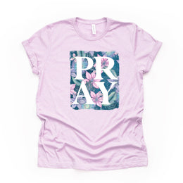 Christian Tee, Super Pretty Floral PRAY design on premium unisex shirt, 3 color choices, 2X, 3X, 4X, Christian plus size