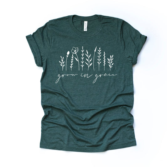 Christian Tee, Grow in Grace with Wildflowers design on premium unisex shirt, 3 color choices, 2X, 3X, 4X, Christian plus size