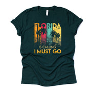 Florida Tee, Florida Is Call and I Must Go, Palm Trees and Beach Design on premium unisex shirt, 3 color choices, plus sizes available