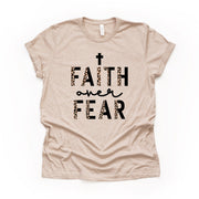 Christian Tee, Faith Over Fear Leopard Font and Cross design on premium unisex shirt, 3 color choices, 2X, 3X, 4X, Christian plus size