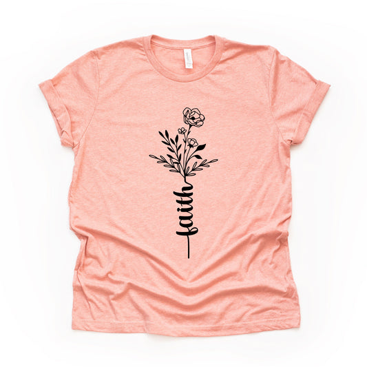 Christian Tee, Simple Faith Flower Stem, Faith and Flower design on premium unisex shirt, 3 color choices, 2X, 3X, 4X, Christian plus size