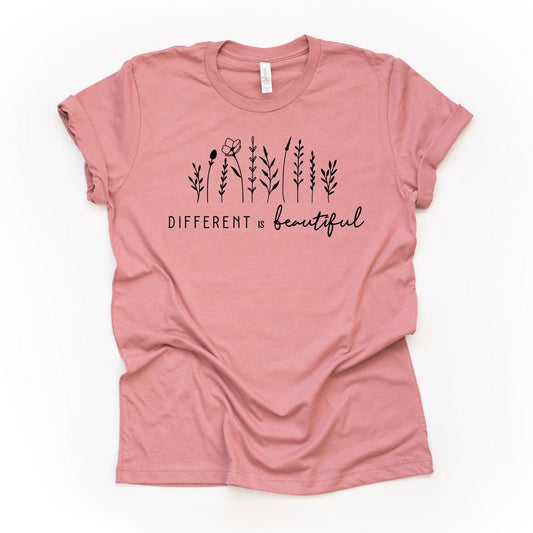 Christian Tee, Different Is Beautiful Simple Wildflowers design on premium unisex shirt, 3 color choices, 2X, 3X, 4X, Christian plus size