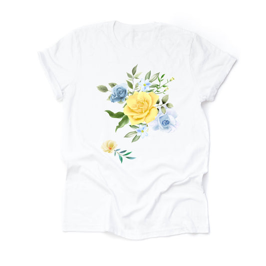 Summer Roses Tee, Beautiful Yellow and Light Blue Roses Design, premium unisex shirt, 4 color choices, 2X, 3X, 4X, plus sizes available